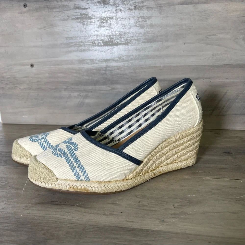 Sperry Womens 6 Tan Blue Knot Nautical Top Sider Espadrilles‎ Closed Toe Wedge
